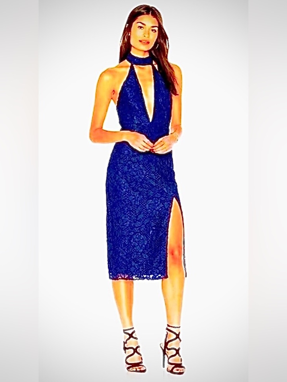 NWT NBD Julia Blue Lace Plunging Halter Midi Cocktail Dress 2
